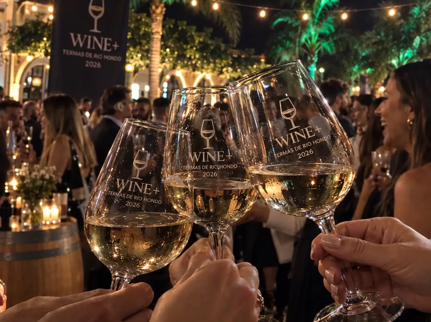 Invitados brindando con copas de cristal WINE+ durante la noche del evento